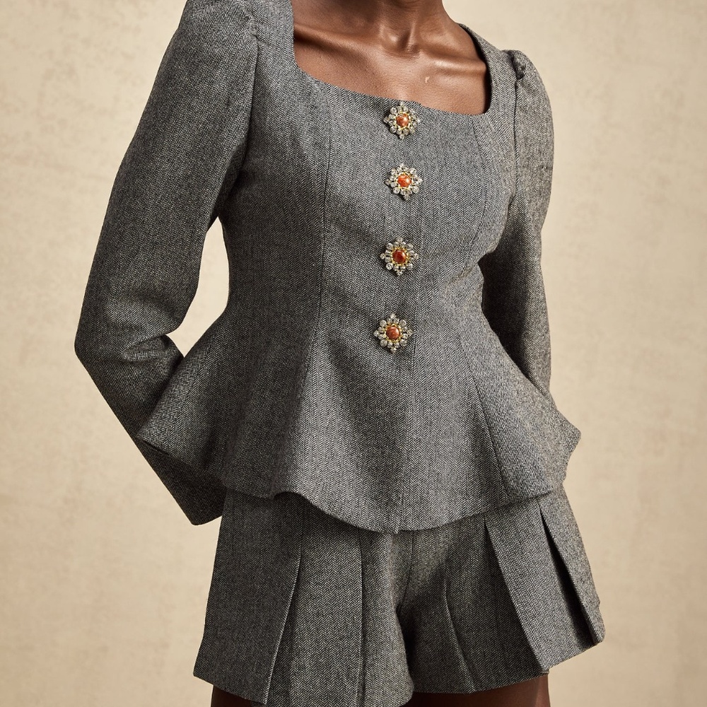 MISS ROSIER AGATHE GREY HERRINGBONE TOP & SHORTS MATCHING SET SIZE S - Picture 2 of 3